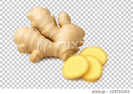 Fresh Ginger Root With Sliced Pieces for Culinary Use in Dishes, Beverages, and Wellness Preparations 128722203