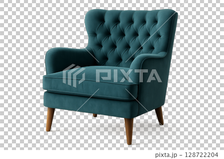 Elegant Tufted Armchair in Teal Fabric With Wooden Legs in a Minimalist Setting Elegant Tufted Armchair in Teal Fabric With Wooden Legs in a Minimalist Setting 128722204