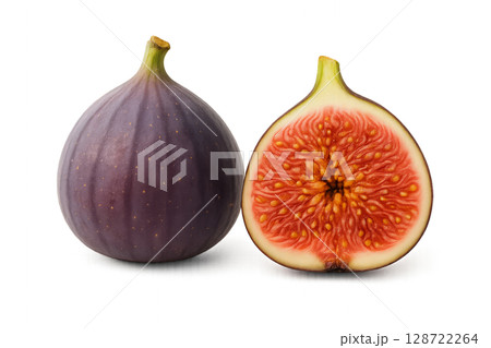 Fresh Figs Cut in Half Revealing Juicy Interior and Smooth Exterior on White Background 128722264