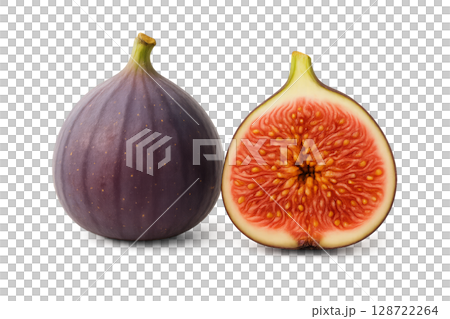 Fresh Figs Cut in Half Revealing Juicy Interior and Smooth Exterior on White Background 128722264
