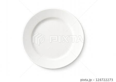 Empty White Plate on a Plain Background Ready for a Culinary Presentation 128722273