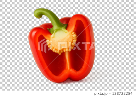 Vibrant Red Bell Pepper Cut in Half Showing Seeds and Inner Details in a Bright Setting 128722284