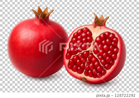 Pomegranate With Vibrant Red Skin and Juicy Seeds Exposed on White Background 128722292