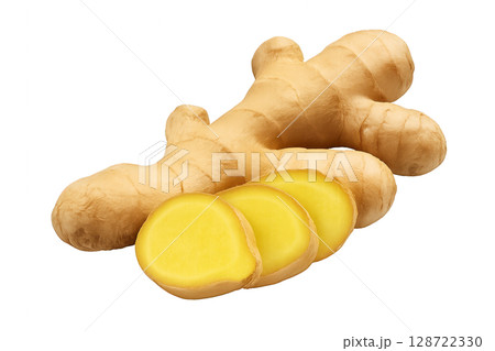 Fresh Ginger Root and Sliced Pieces on a White Background Ready for Culinary Use Fresh Ginger Root and Sliced Pieces on a White Background Ready for Culinary Use 128722330