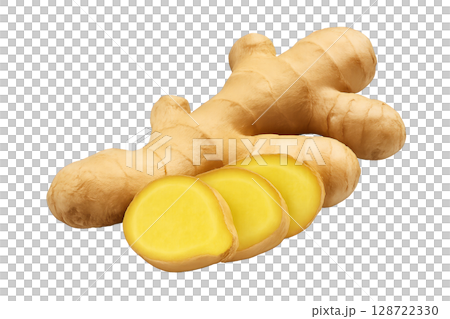 Fresh Ginger Root and Sliced Pieces on a White Background Ready for Culinary Use 128722330