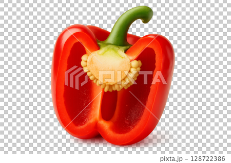 Red Bell Pepper Cut in Half Showcasing Seeds and Inner Structure in a Bright Setting 128722386