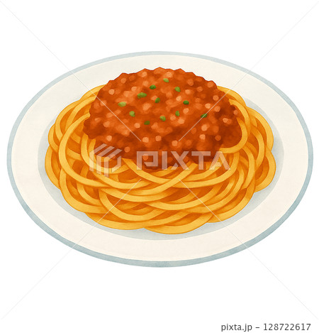 水彩風のミートソーススパゲッティのイラスト素材（洋食・パスタ・シンプル構図） 128722617