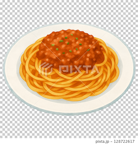 水彩風のミートソーススパゲッティのイラスト素材（洋食・パスタ・シンプル構図） 128722617
