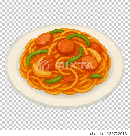 水彩風のナポリタンのイラスト素材（日本の洋食・スパゲッティ・切り抜き可能） 128722618