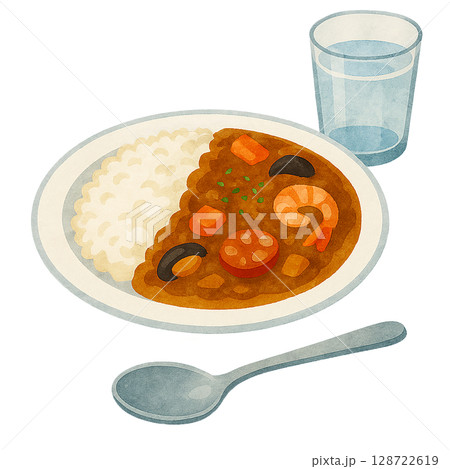 水彩風のシーフードカレーライスのイラスト素材（スプーンと水付き・海鮮・切り抜き可） 128722619