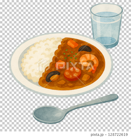 水彩風のシーフードカレーライスのイラスト素材（スプーンと水付き・海鮮・切り抜き可） 128722619
