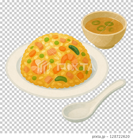 中式炒飯和湯的水彩插圖（有勺子，可剪下） 128722620