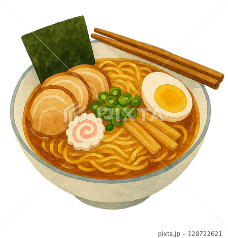 水彩風の醤油ラーメンのイラスト素材（チャーシュー・煮卵・ナルト入り） 128722621