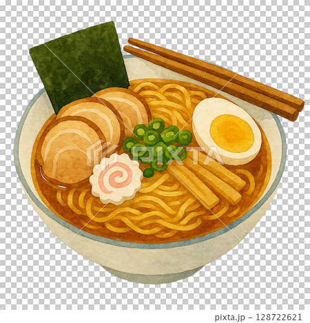 水彩風の醤油ラーメンのイラスト素材（チャーシュー・煮卵・ナルト入り） 128722621