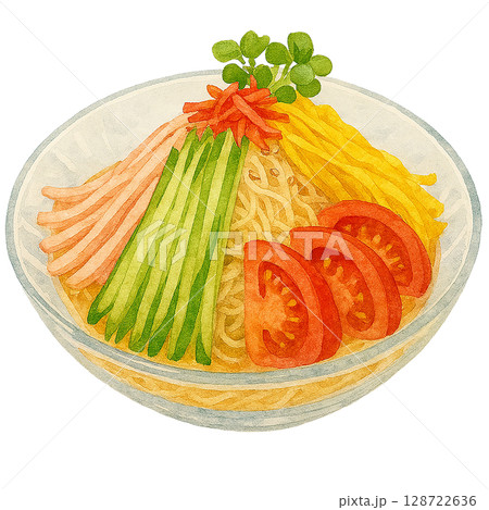 水彩風の冷やし中華イラスト素材（夏の定番料理） 128722636