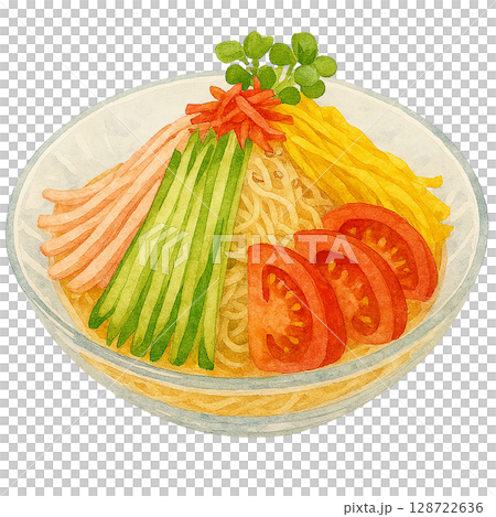 水彩風の冷やし中華イラスト素材（夏の定番料理） 128722636
