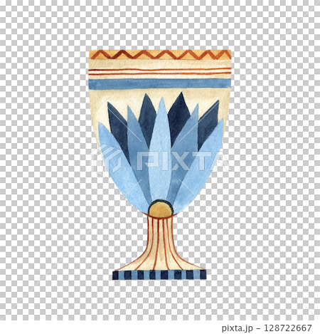Vase bowl with lotus, ancient ornament. Ethnic patterns, ornate. Watercolor illustration isolated from background. Culture concept for souvenir, postcard, composition design, Egyptian, Persian style 128722667