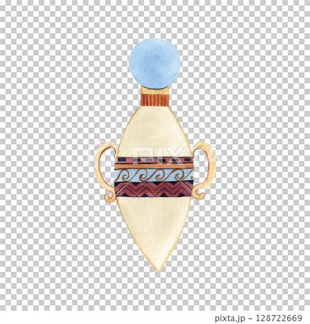 Ancient vessel with ethnic ornament, sphere cover. Vase, bottle watercolor illustration isolated from background. Culture concept for souvenir, postcard, composition design, Egyptian, Persian style Ancient vessel with ethnic ornament, sphere cover. Vase, bottle watercolor illustration isolated from background. Culture concept for souvenir, postcard, composition design, Egyptian, Persian style 128722669