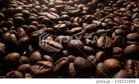 Macro View Of Aromatic Roasted Coffee Beans. Textured Surface. Rich Aroma. Macro View Of Aromatic Roasted Coffee Beans. Textured Surface. Rich Aroma. 128722848