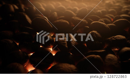 Macro View Of Aromatic Roasted Coffee Beans. Textured Surface. Rich Aroma. Macro View Of Aromatic Roasted Coffee Beans. Textured Surface. Rich Aroma. 128722863