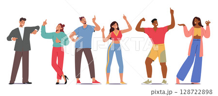 Set of diverse people cartoon characters showcasing pointing gesture standing isolated on white 128722898