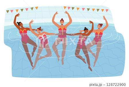 Attractive female aqua gymnasts team performing synchronized swimming in pool cartoon scene 128722900