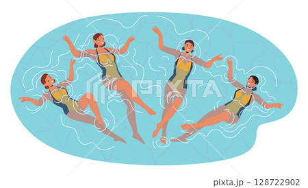 Beautiful women synchro swimmers crew performing synchronized dance in water pool cartoon scene Beautiful women synchro swimmers crew performing synchronized dance in water pool cartoon scene 128722902