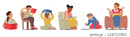 Set of diverse children cartoon characters having problem with reading and struggling with learning 128722903