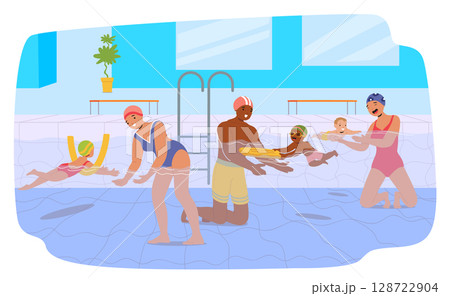 Men and women coach giving personal lesson for young swimmers teaching kids to swim in pool 128722904