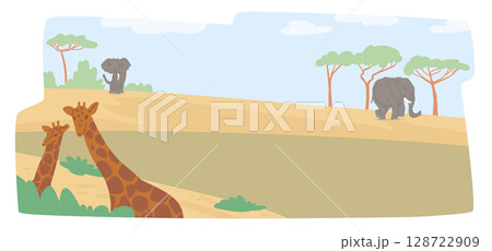 African safari animals with savannah forest trees landscape background for travel tour promotion African safari animals with savannah forest trees landscape background for travel tour promotion 128722909