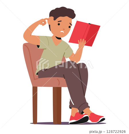 Puzzled boy child cartoon character on chair holding book in hands having problem with reading 128722926