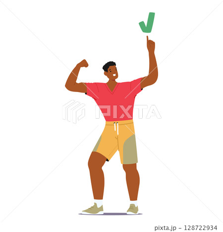 Sportsman cartoon character with athletic body rejoicing successful completed sportive task Sportsman cartoon character with athletic body rejoicing successful completed sportive task 128722934