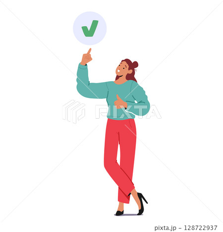 Young woman employee cartoon character pointing at done tick checkmark box indicating completed task 128722937