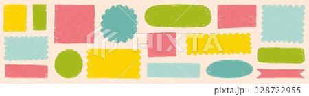 Doodle brush crayon shape color frame set. Hand drawn crayon pencil box, pastel rough chalk texture square border. Cute cartoon paint frame circle, square background design. Vector 128722955