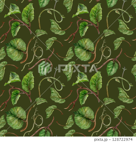 Watercolor seamless pattern with winding kiwi branches with green leaves on a green background for design of juices, cocktails, jams, preserves, drinks, food, children's, kitchen textiles 128722974
