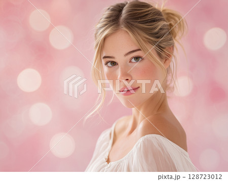 ブライダルに最適なピンク背景で微笑む透明感ある若い女性 128723012