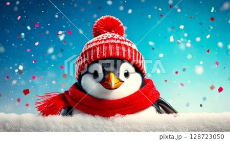 ニット帽とマフラー姿のペンギンと冬の青空に舞う紙吹雪 128723050