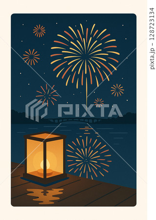 灯籠と二尺玉花火の夜景 128723134