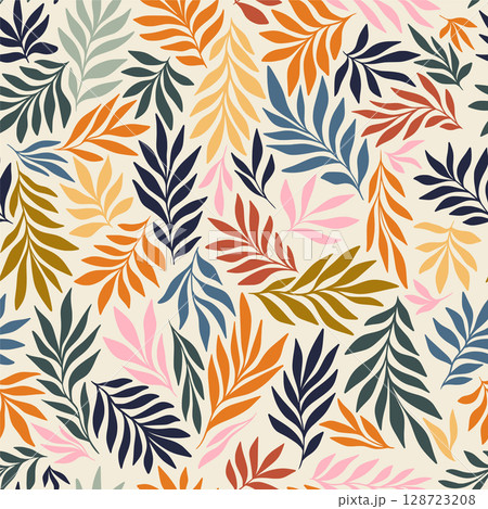 Flowing Leaves Tropical Vector Exotic Seamless Pattern Repeat for Summer Wallpaper, Ditsy Fabric Textile Design. Hand Drawn Warm Color Silhouettes Botanical Line Drawing Art Print 128723208