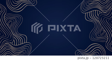 Gold Wave Art Deco Vector Background, Golden Line Wavy Corner Pattern on Elegant Deep Blue, Abstract Curly Backdrop for Decorative Fashion Jewelry Presentations 128723211