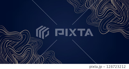 Gold Wave Art Deco Vector Background, Golden Line Wavy Corner Pattern on Elegant Deep Blue, Abstract Curly Backdrop for Decorative Fashion Jewelry Presentations 128723212