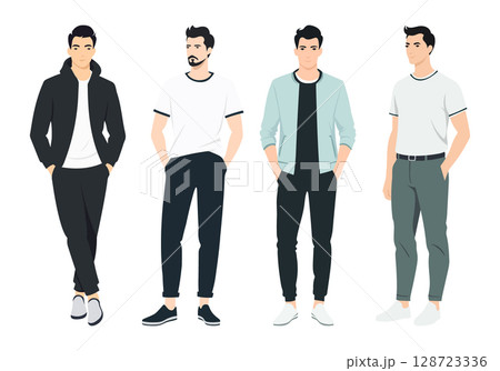 Men s Style and Fashion Trends. A collection of illustrated men wearing stylish outfits in various tones and styles, reflecting modern fashion trends. 128723336