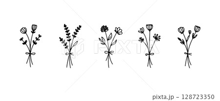 Stylized wildflower arrangements with rustic charm, featuring small blooms and slender stems. Perfect for themes and creative design. 128723350