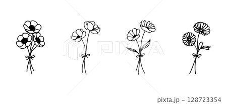 Delicate flower bunches drawn with a soft minimalistic touch. Ideal for greeting cards, posters, and botanical-themed projects. Delicate flower bunches drawn with a soft minimalistic touch. Ideal for greeting cards, posters, and botanical-themed projects. 128723354