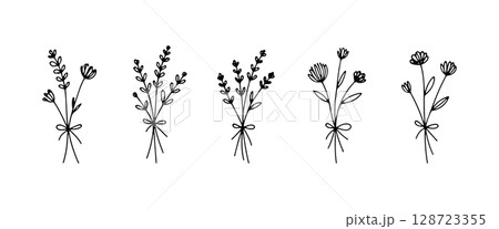 Minimalist hand-drawn flower bouquets with natural stems and wild charm. Perfect for botanical compositions, wedding decor, and elegant floral design. 128723355