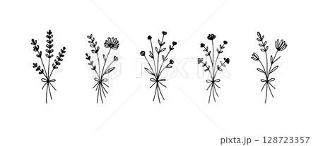 Elegant Flower Bouquet. Elegant Flower Bouquet features a hand-drawn arrangement of flowers and leaves in a graceful and minimal design. Elegant Flower Bouquet. Elegant Flower Bouquet features a hand-drawn arrangement of flowers and leaves in a graceful and minimal design. 128723357
