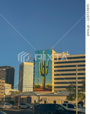 Saguaro cactus mural on building in Tucson, Arizona skyline Saguaro cactus mural on building in Tucson, Arizona skyline 128723645
