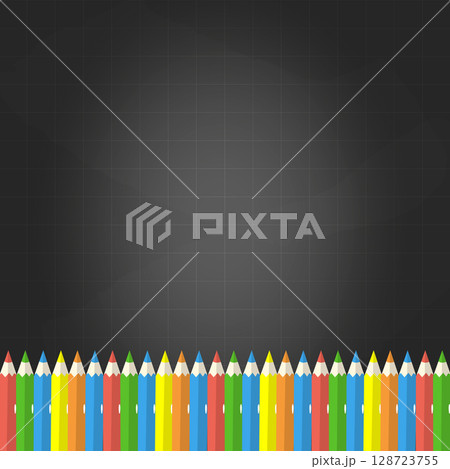 Template with space for text. Black chalkboard and colorful pencils below. Vector illustration for school design, banners, ads, and projects Template with space for text. Black chalkboard and colorful pencils below. Vector illustration for school design, banners, ads, and projects 128723755