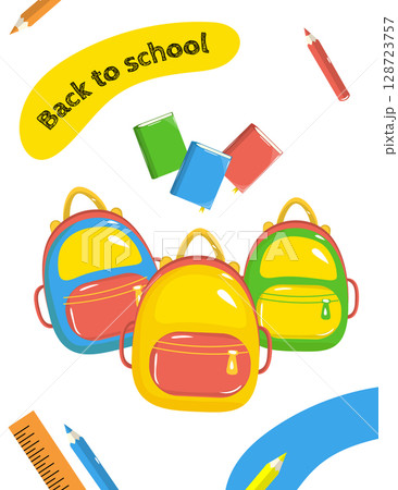 Bright school-themed template with backpack, books, and colorful pencils on white background. Vector illustration for ads, banners, and design 128723757