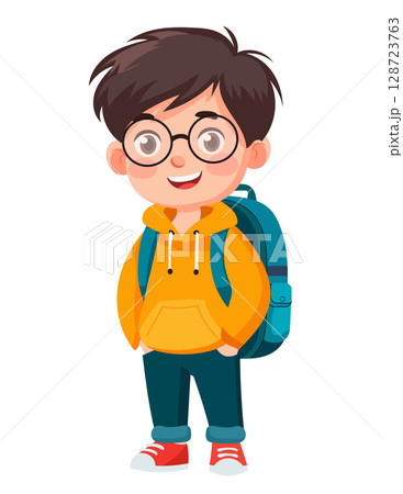 Vector illustration of a smiling schoolboy character in glasses, orange sweater, blue backpack, red sneakers. Brown hair, full-length, white background. Cute student for kids' design projects. 128723763